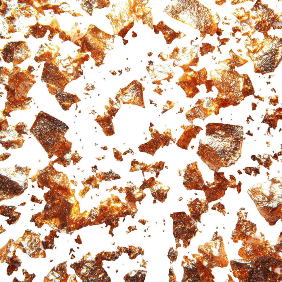 Golden flakes scattered on a white background create a striking visual contrast and texture suitable for various artistic uses isolated on transparent background. png