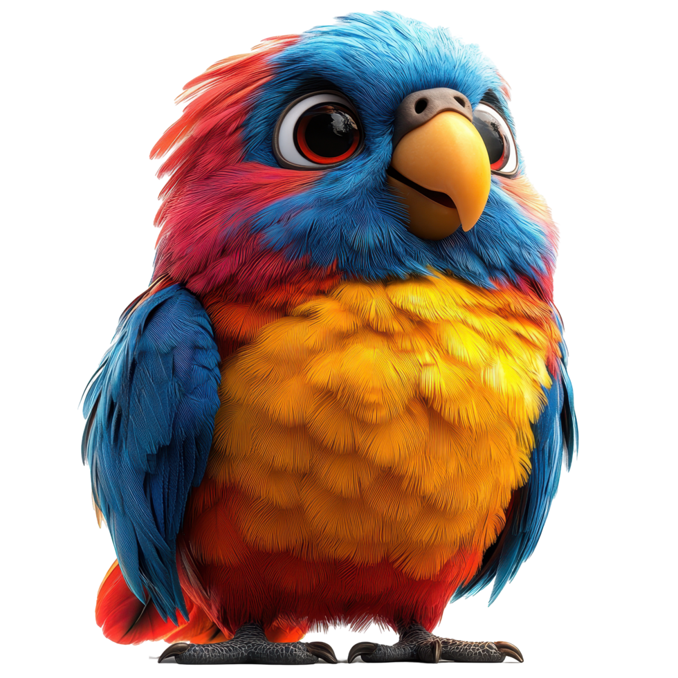 Colorful cartoon parrot stands proudly with vibrant feathers in a playful jungle environment isolated on transparent background. png