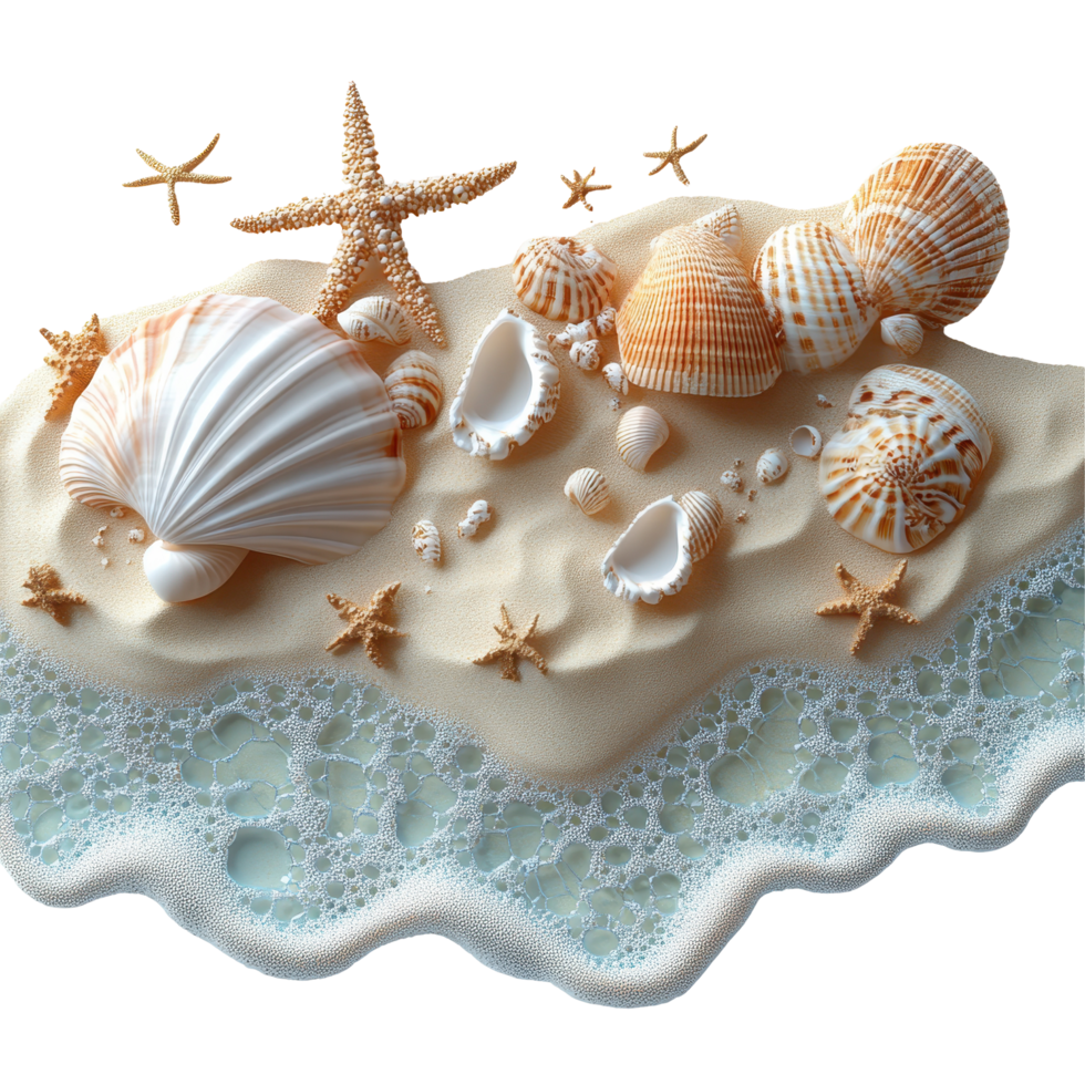 Shells and starfish on sandy beach with gentle waves lapping at the shore during a sunny day isolated on transparent background. png