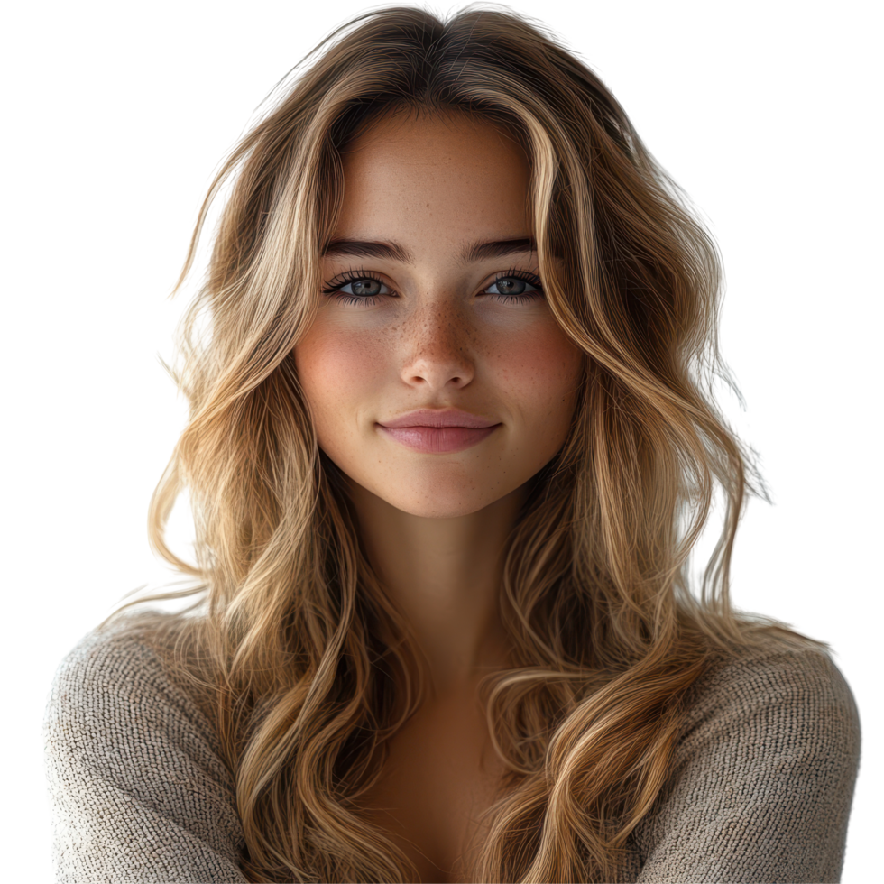 Young woman with wavy hair smiles softly against a plain background in a natural light setting isolated on transparent background. png