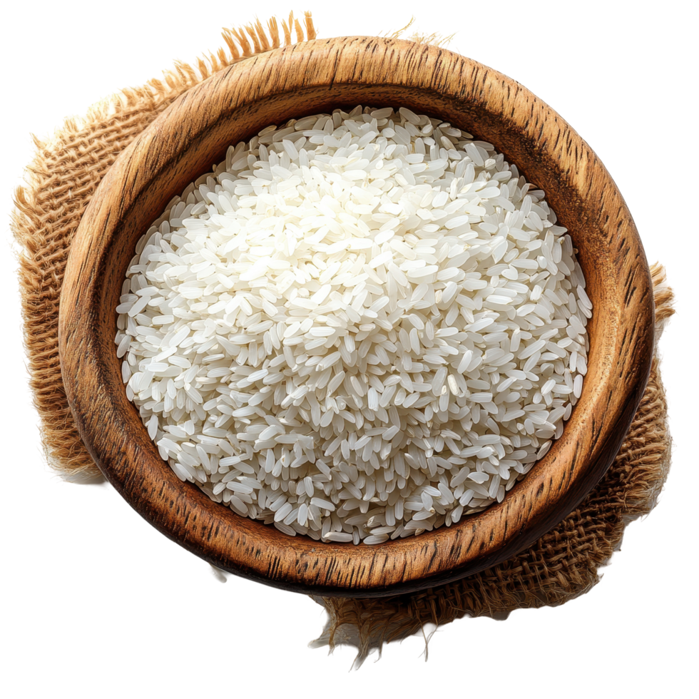 White rice in a wooden bowl resting on a burlap cloth, perfect for culinary creations and meals isolated on transparent background. png