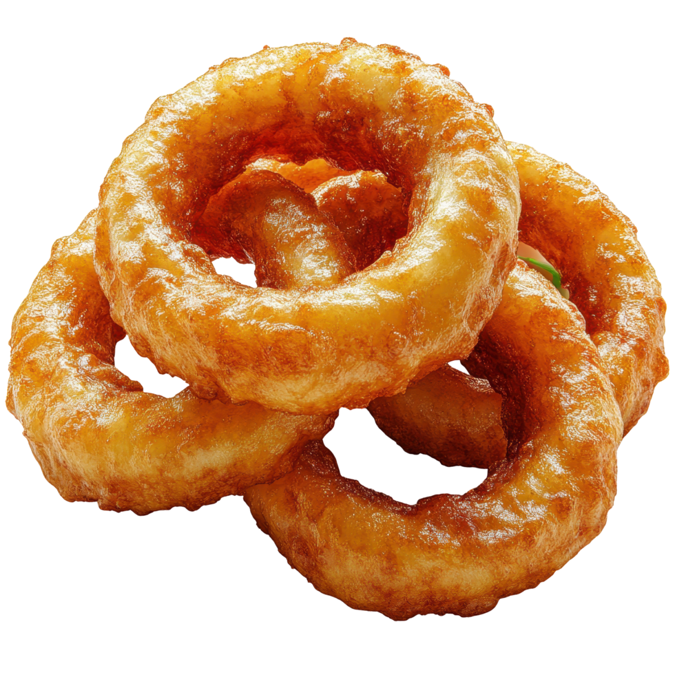 Fried onion rings served in a casual dining setting ready to enjoy with dipping sauce isolated on transparent background. png