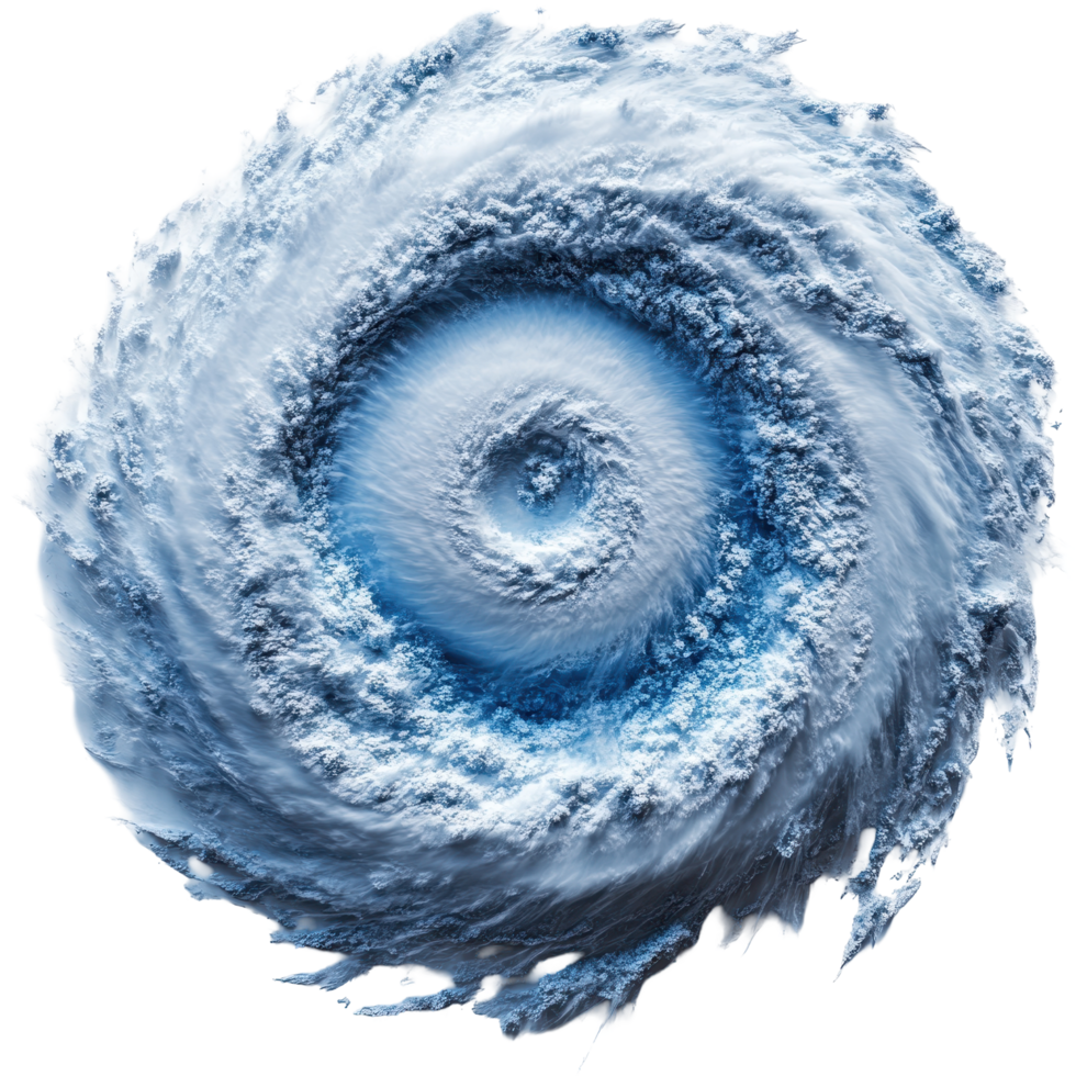 Powerful hurricane swirling over the ocean, showcasing intense cloud formation and energy in its eye and outer bands isolated on transparent background. png