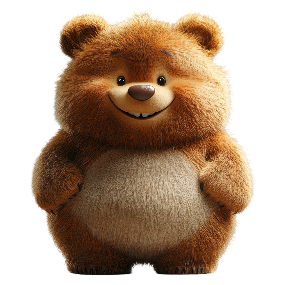 Cute cartoon bear character standing with a big smile in a friendly pose in a playful setting isolated on transparent background. png