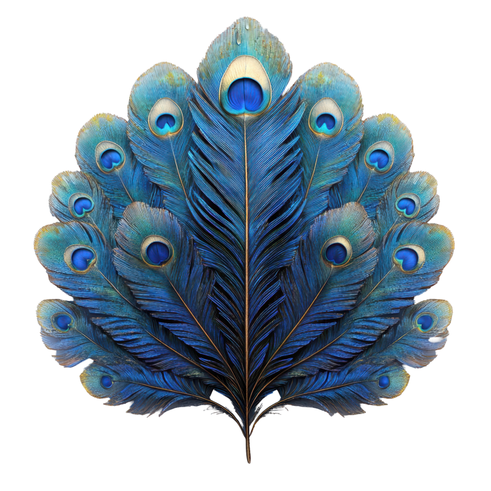Vibrant blue peacock feather display with iridescent patterns showcasing intricate details and natural beauty isolated on transparent background. png