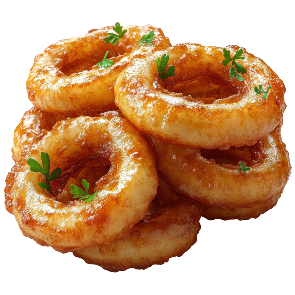 Crispy onion rings topped with fresh herbs on a wooden surface at a casual dining setting isolated on transparent background. png