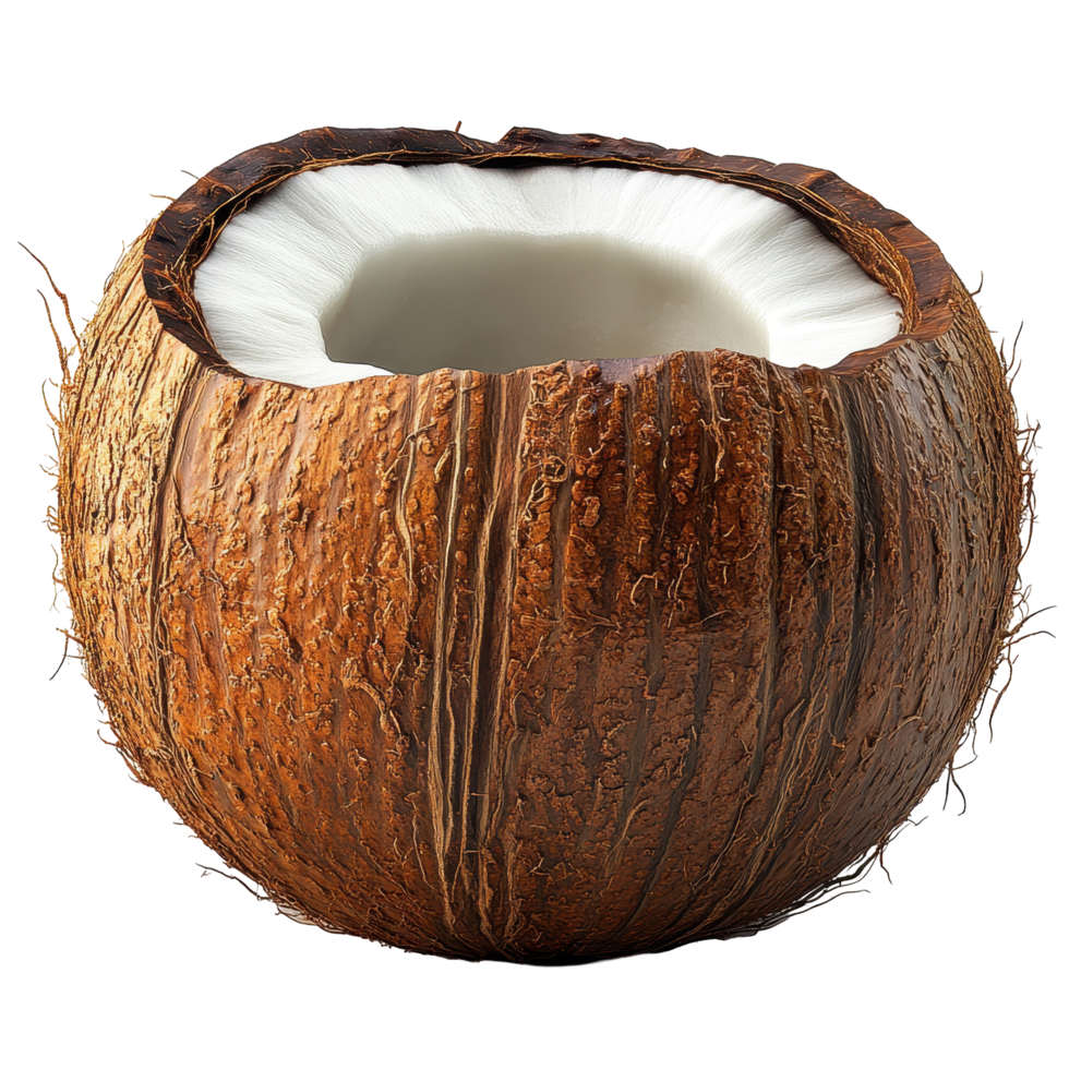 Fresh coconut cut open, revealing the white flesh and water inside, set against a plain background for a natural look isolated on transparent background. png
