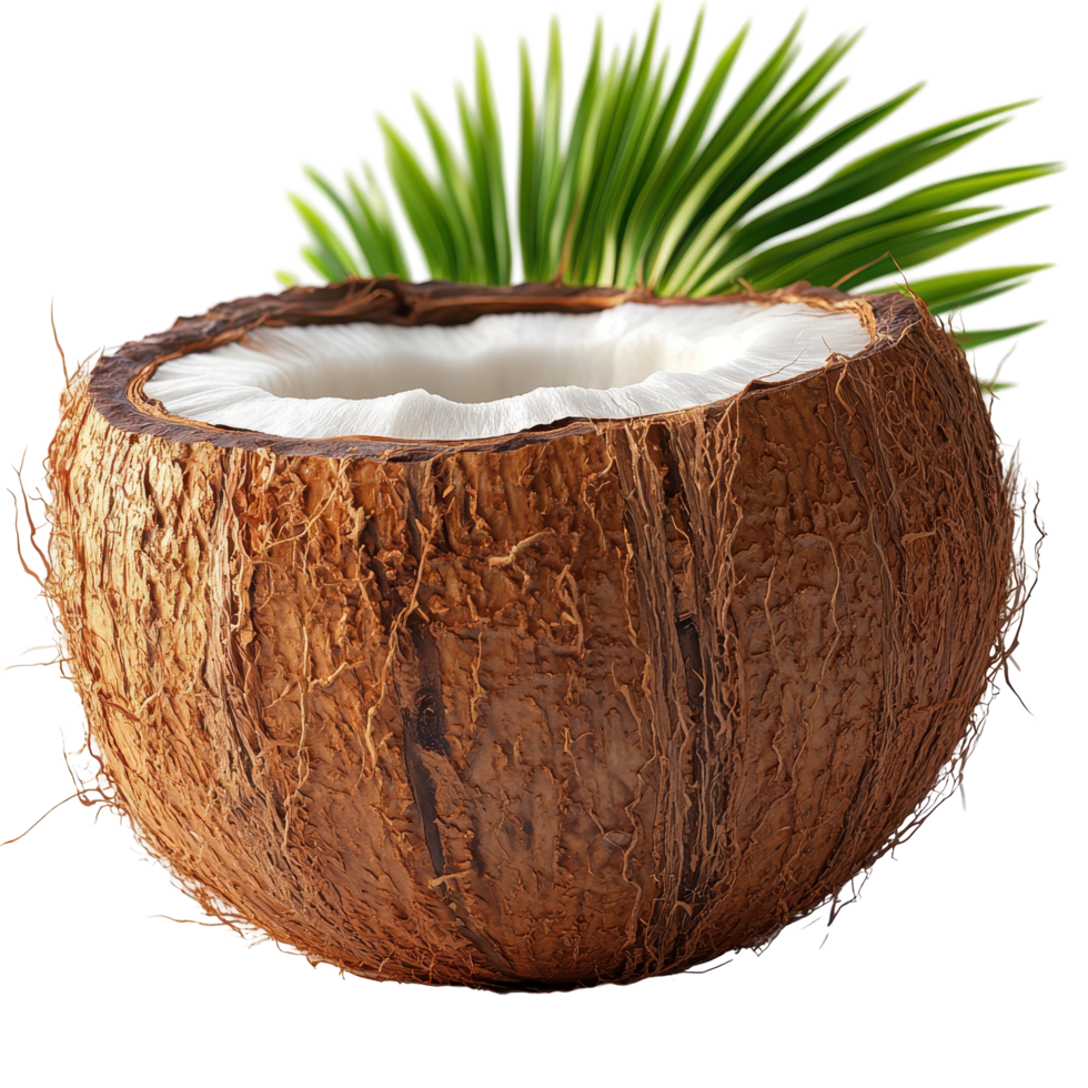 Fresh coconut half with tropical leaves showcasing natural texture and vibrant colors indoors isolated on transparent background. png
