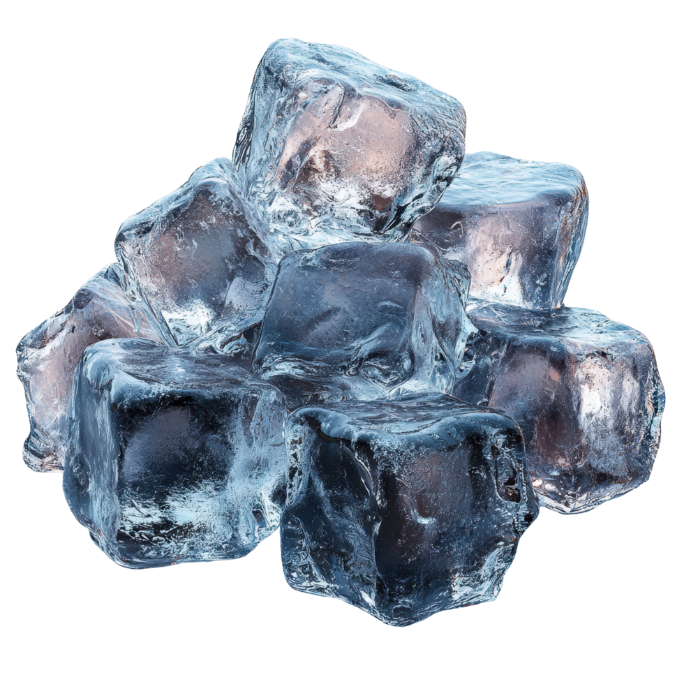 Ice cubes stacked together, reflecting light in a clear and cool arrangement, suitable for drinks or displays isolated on transparent background. png