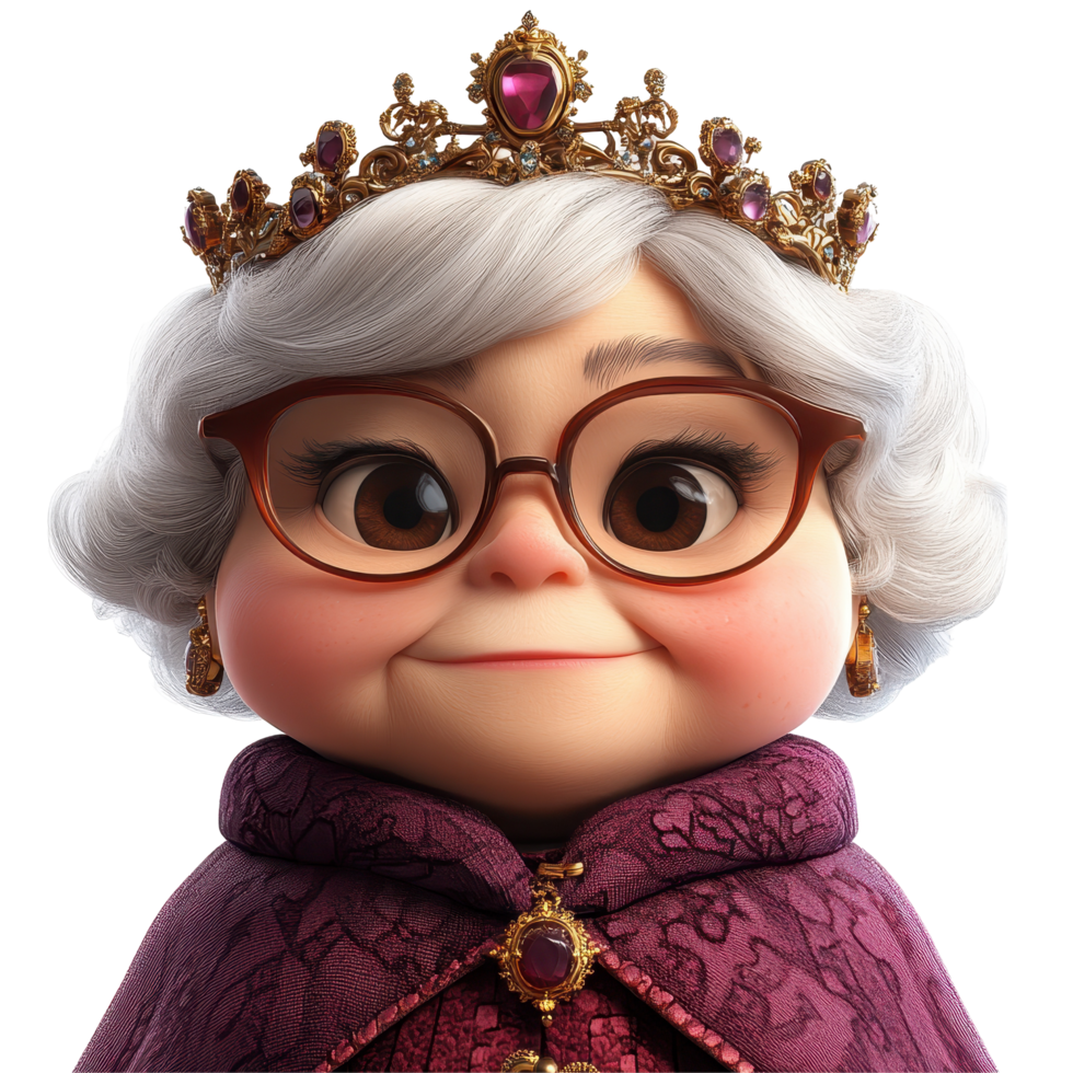 Cheerful animated queen character wearing a crown and elegant cape in a whimsical setting isolated on transparent background. png