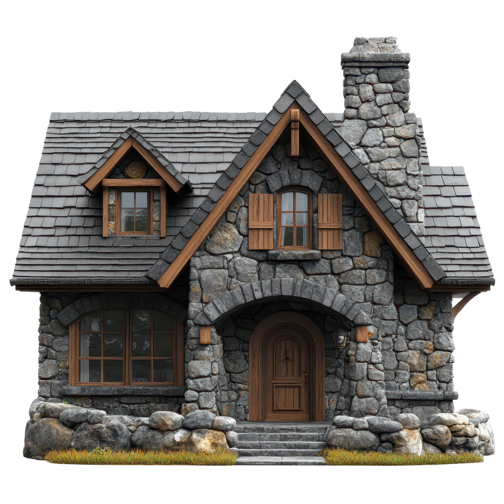 Unique stone cottage with wooden accents situated in a serene countryside setting during a sunny day isolated on transparent background. png