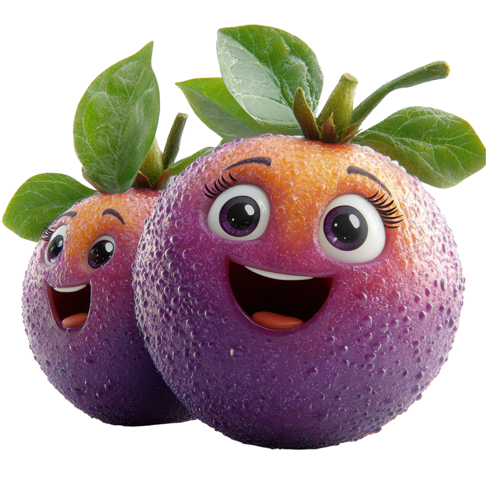 Two cartoon fruits with joyful expressions and vibrant colors showcasing playful design elements and lively features isolated on transparent background. png