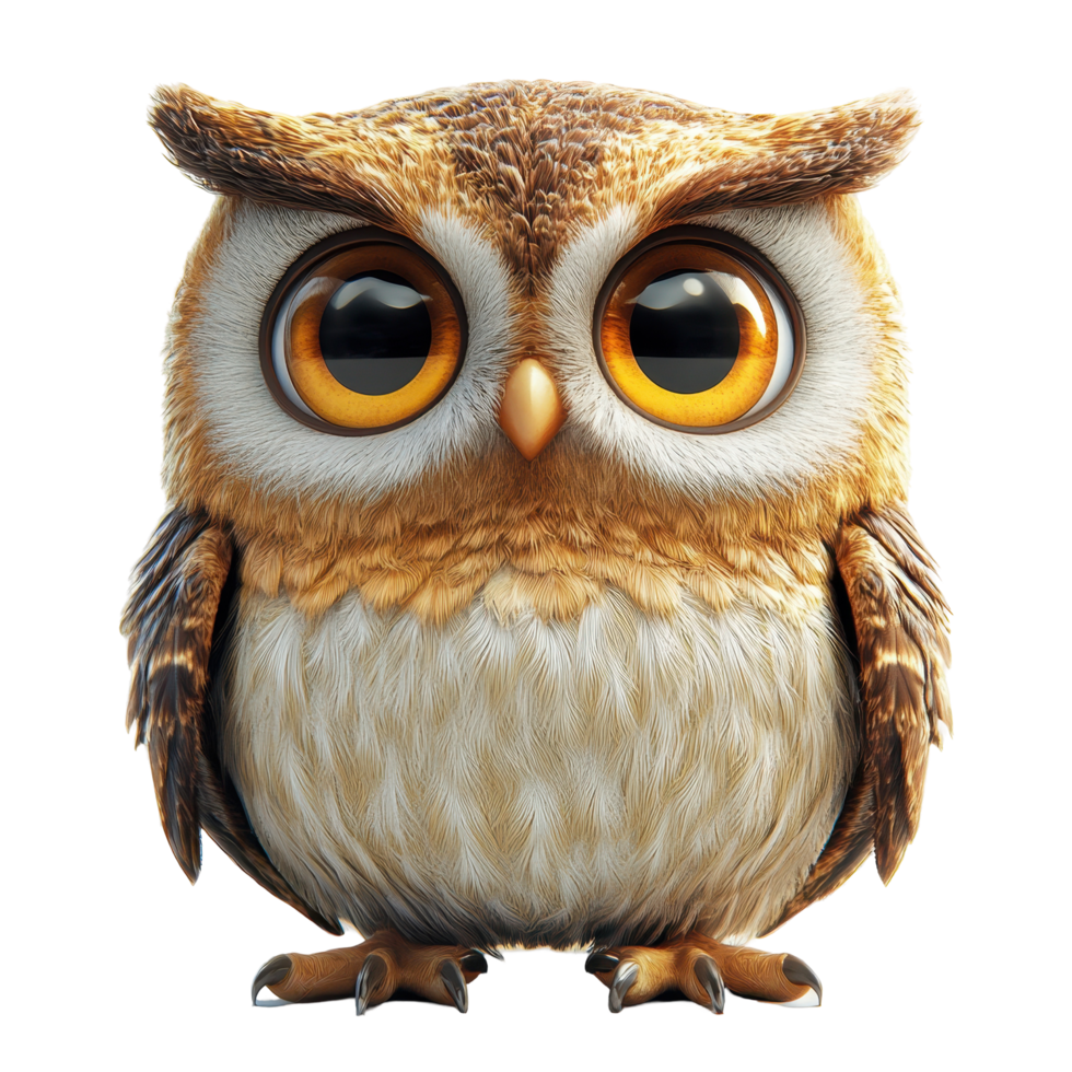 Cute cartoon owl with large eyes and fluffy feathers stands against a white background in a delightful pose isolated on transparent background. png