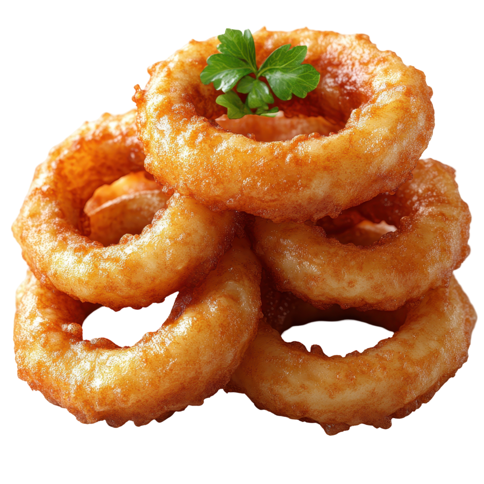 Crispy golden onion rings served with a garnish of fresh parsley on a plate isolated on transparent background. png