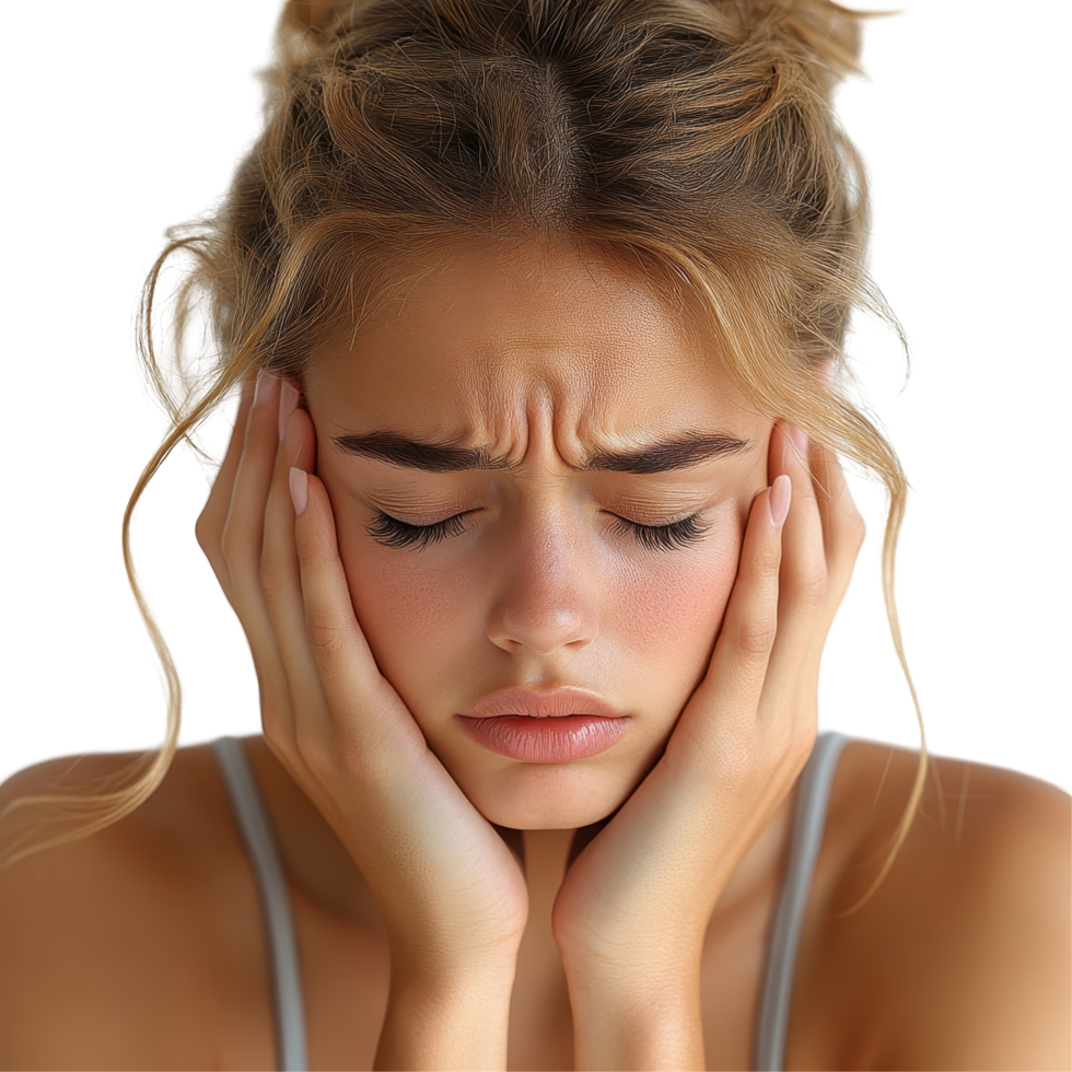 Young woman expressing distress while holding her face, showcasing emotion and vulnerability during a moment of contemplation isolated on transparent background. png