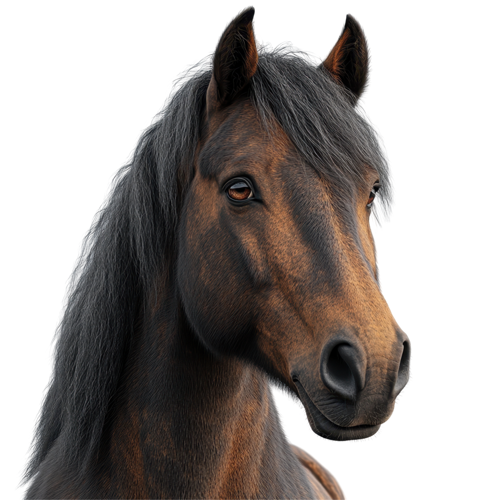 Black horse with flowing mane posing for a close-up against a neutral background isolated on transparent background. png