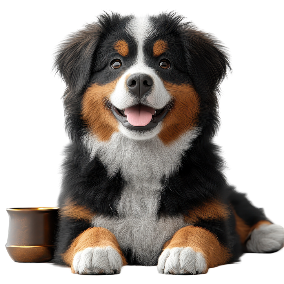 Happy dog sitting beside a water bowl in a bright indoor space during the afternoon isolated on transparent background. png