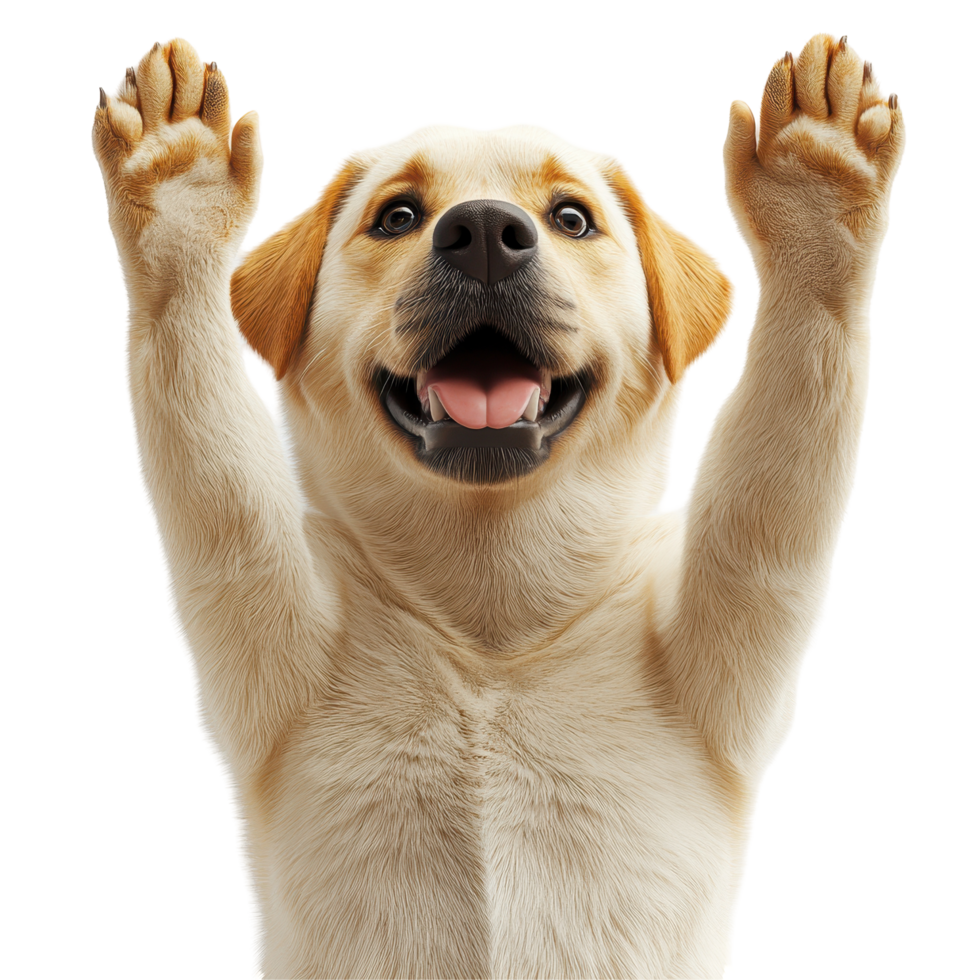 Happy dog with raised paws celebrating joy in a bright setting isolated on transparent background. png