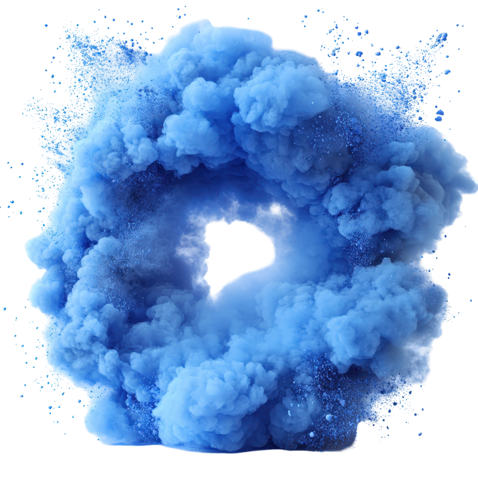 Blue smoke cloud swirling in a dynamic explosion, creating a mesmerizing visual effect isolated on transparent background. png