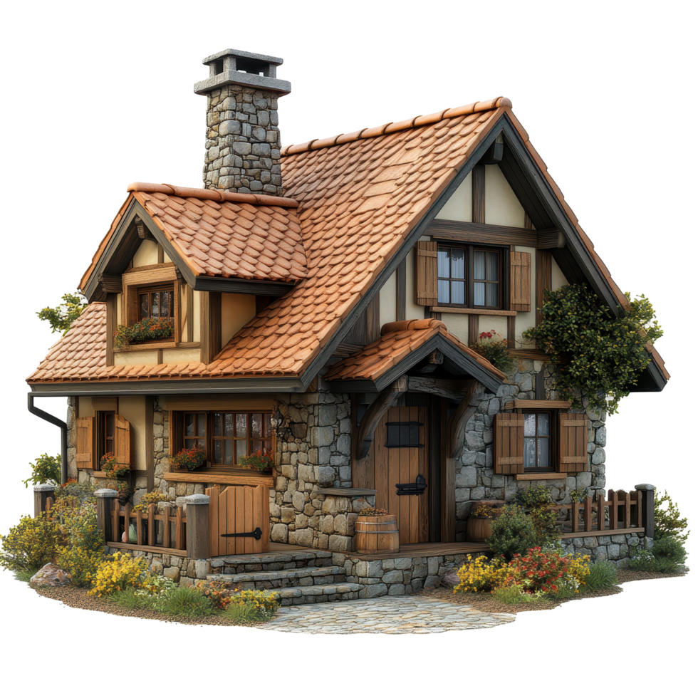 Charming stone cottage with rustic details surrounded by lush greenery and a inviting pathway isolated on transparent background. png