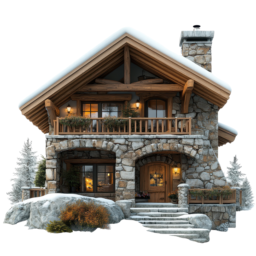 Charming winter cabin with wooden accents nestled in snow-covered landscape in a mountain setting isolated on transparent background. png