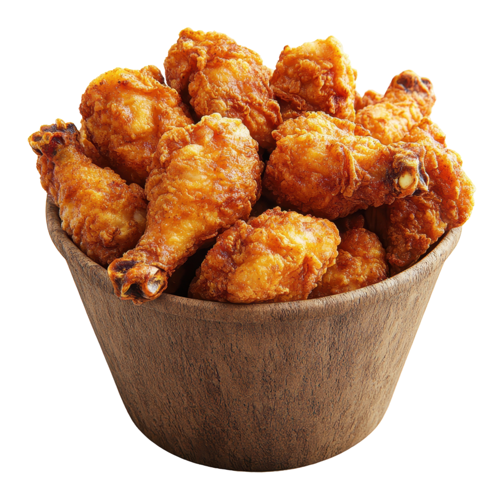Crispy fried chicken pieces served in a rustic wooden bowl for a delicious meal experience isolated on transparent background. png