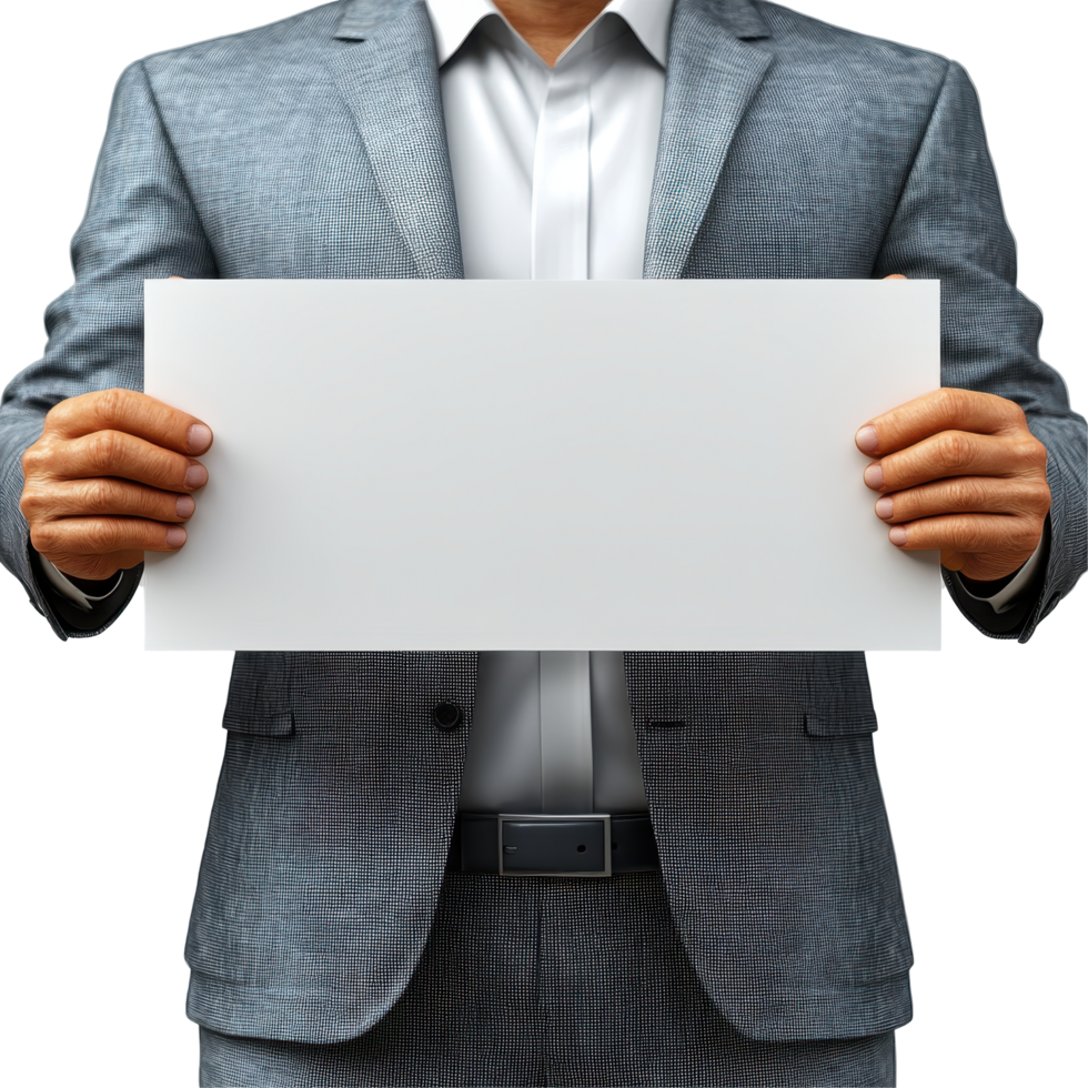 Professional man in suit holding blank sign in front of neutral background isolated on transparent background. png