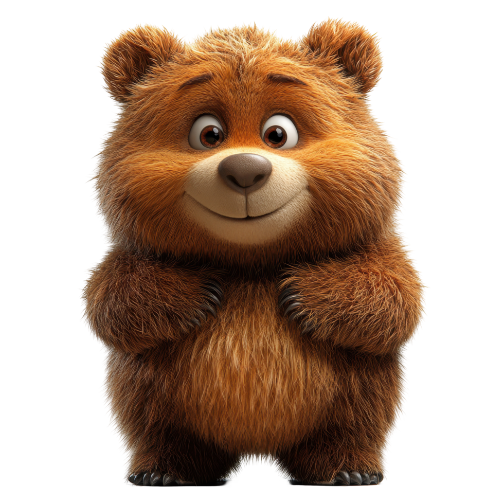Cute animated bear character smiles while standing in a whimsical forest setting surrounded by tall trees isolated on transparent background. png