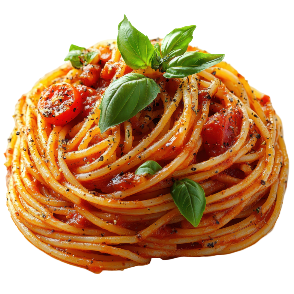 Delicious plate of spaghetti with fresh tomatoes and basil in a stylish presentation isolated on transparent background. png
