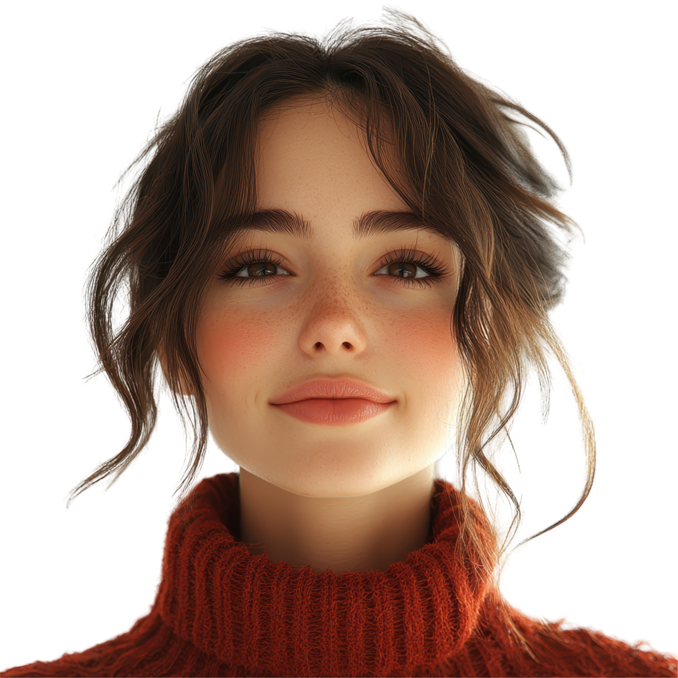 Young woman with warm smile poses in cozy turtleneck sweater against neutral background isolated on transparent background. png