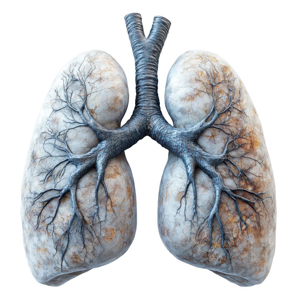 Detailed illustration of human lungs with tree-like bronchi and texture highlighting the anatomy of the respiratory system isolated on transparent background. png