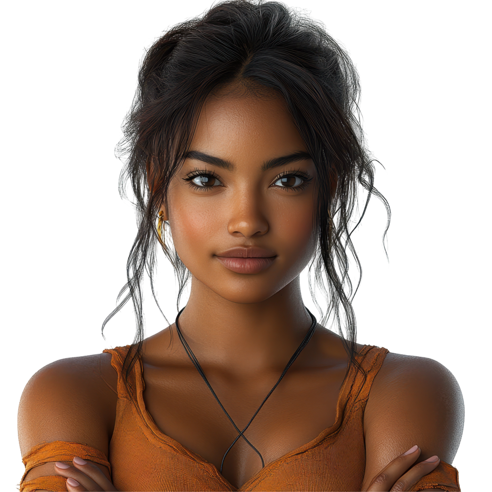 Young woman with expressive features and natural hairstyle in casual attire posing confidently, indoors, bright lighting isolated on transparent background. png
