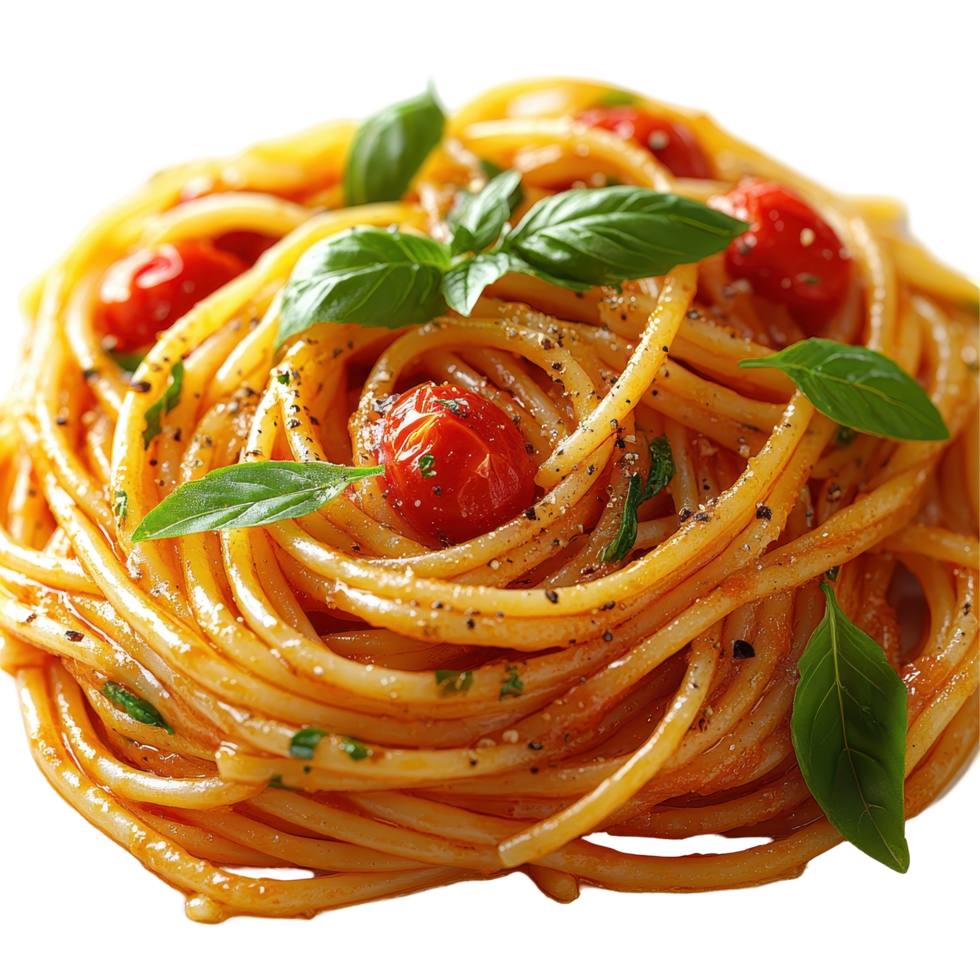 Delicious spaghetti with fresh basil and cherry tomatoes served in a rustic setting isolated on transparent background. png
