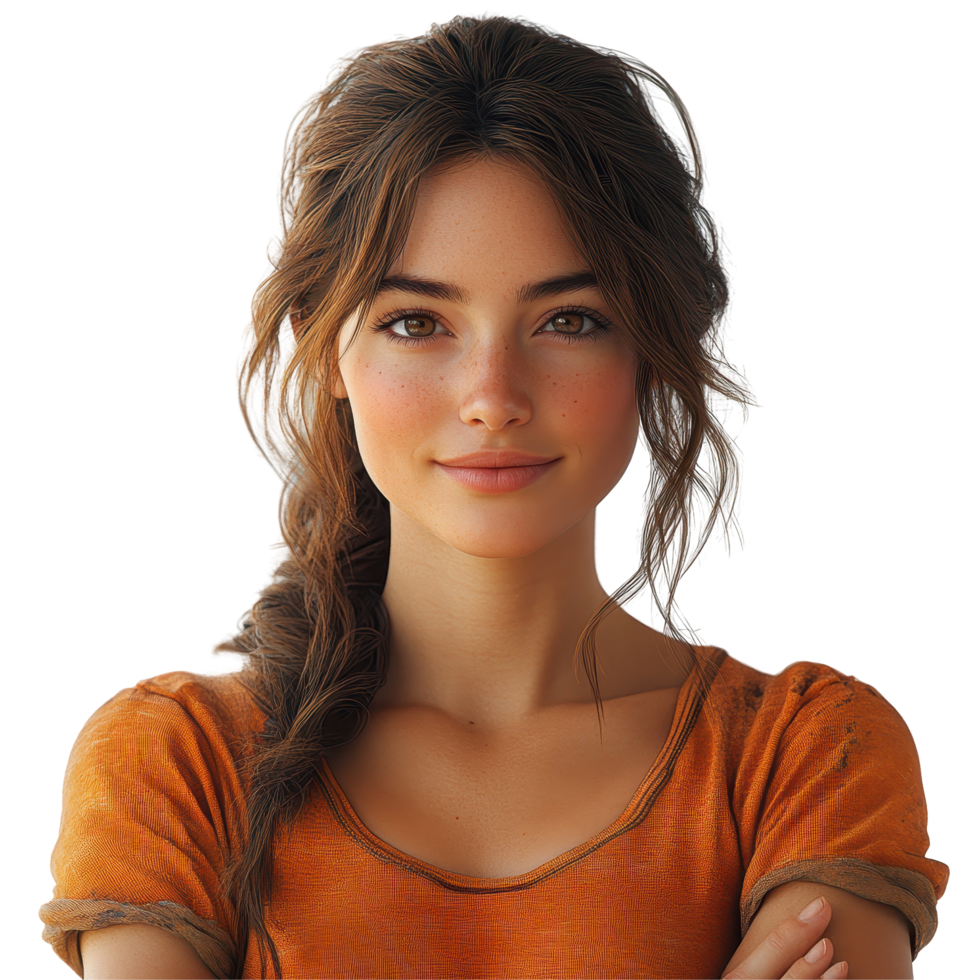 Young woman with long hair smiling confidently in casual orange shirt standing against a light background isolated on transparent background. png