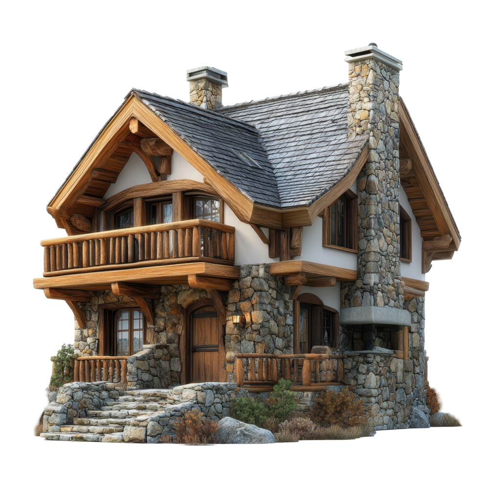 Charming stone cottage with wooden accents in a serene outdoor setting during daylight isolated on transparent background. png