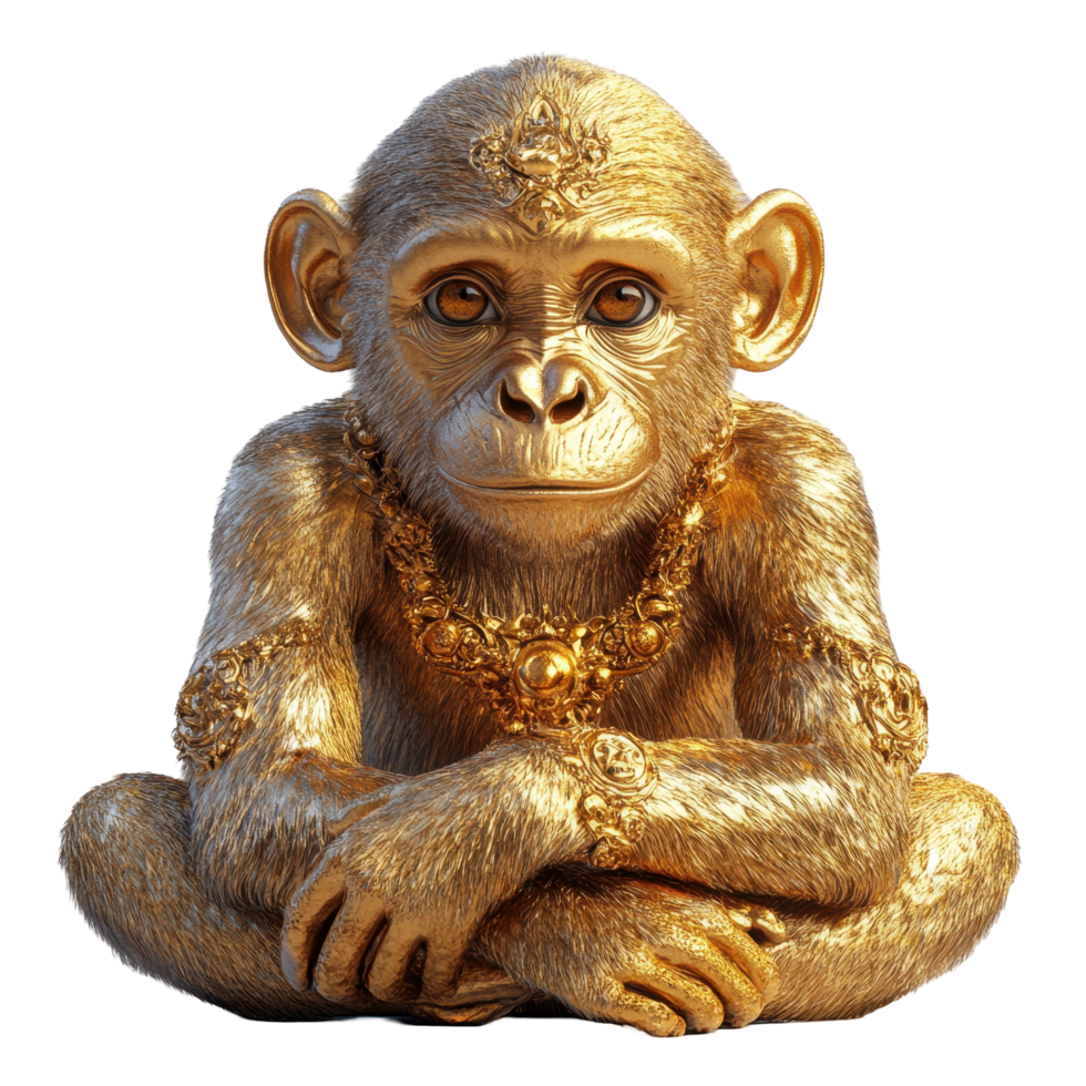 Golden monkey sculpture with intricate jewelry displayed against a plain background isolated on transparent background. png