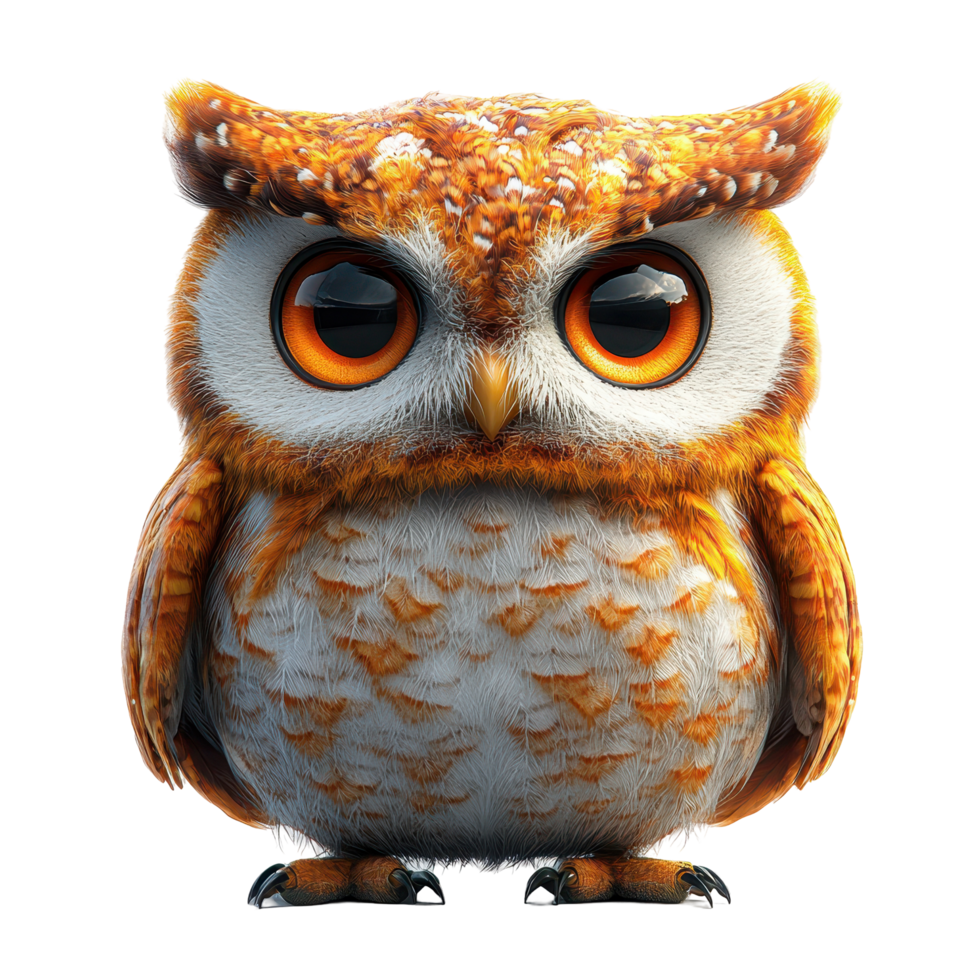 Cute cartoon owl with big eyes sitting on a wooden surface in a whimsical setting isolated on transparent background. png