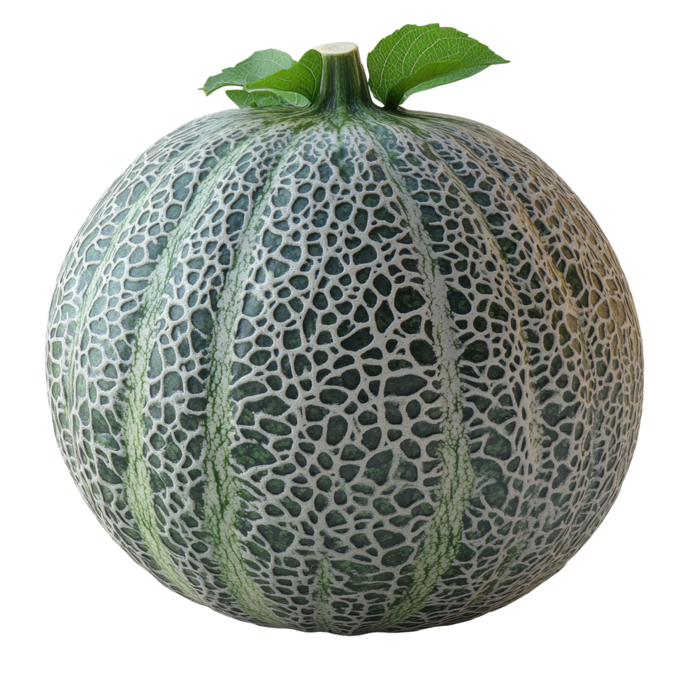 Melon with distinctive netting pattern sits on a flat surface in bright lighting for a vibrant display isolated on transparent background. png