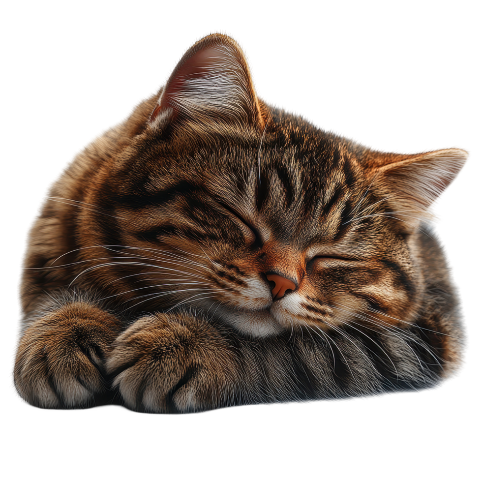 Adorable tabby cat peacefully sleeping in a cozy position on a soft surface during a warm afternoon isolated on transparent background. png