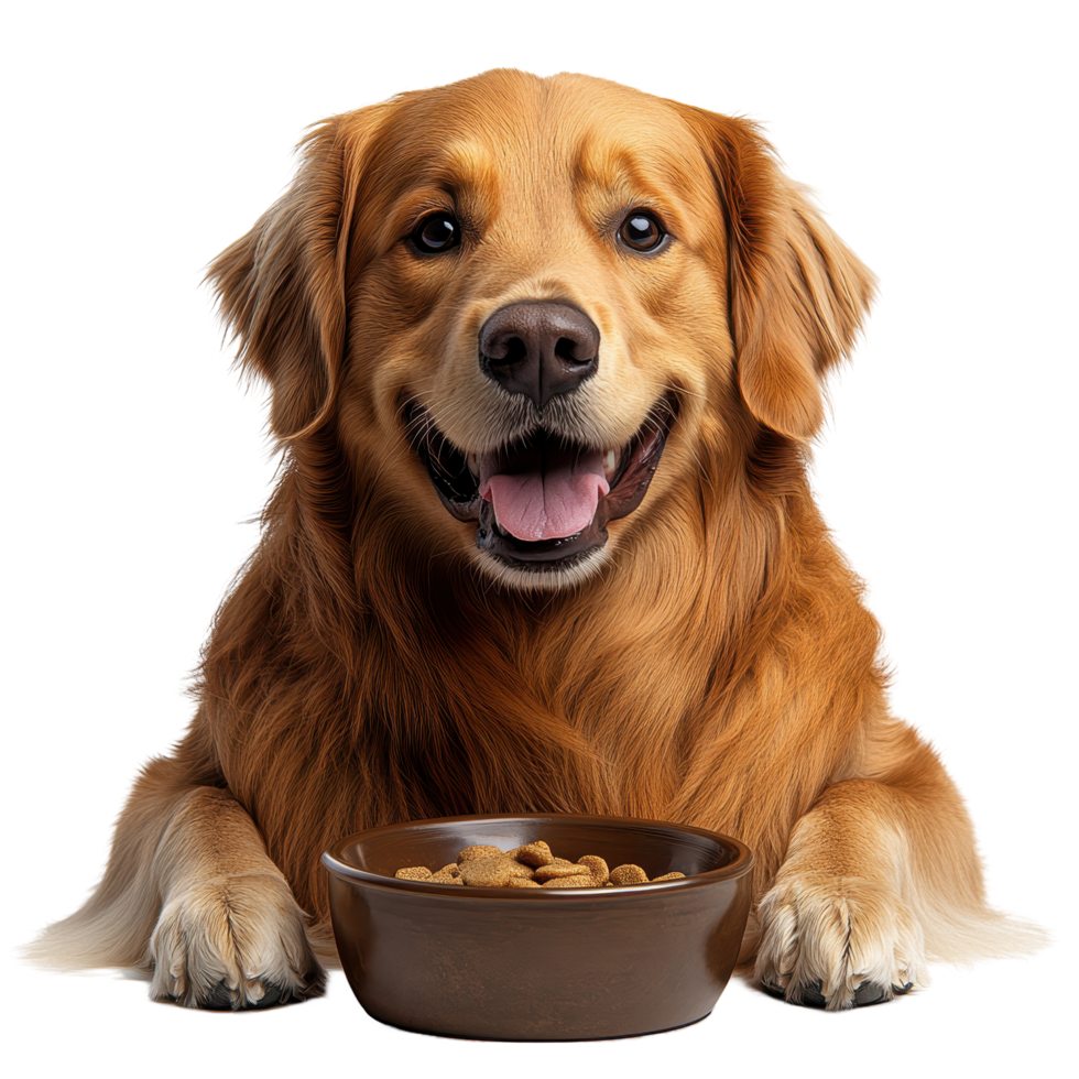Happy golden retriever sits beside a bowl of food with a cheerful expression in a cozy setting isolated on transparent background. png