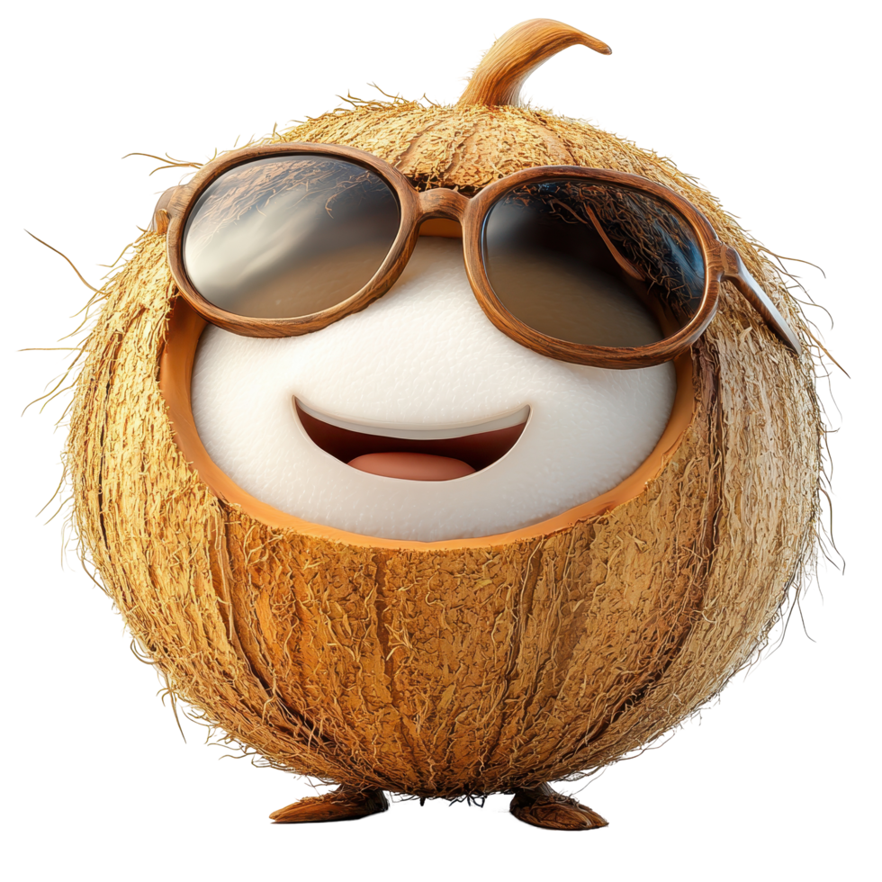 Smiling character wearing sunglasses poses playfully in a whimsical, colorful setting isolated on transparent background. png