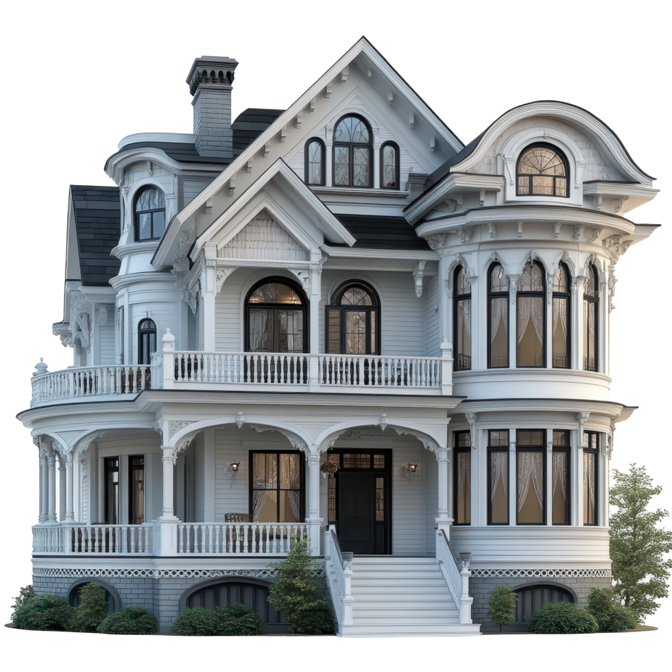 Elegant Victorian house with intricate architectural details surrounded by greenery isolated on transparent background. png