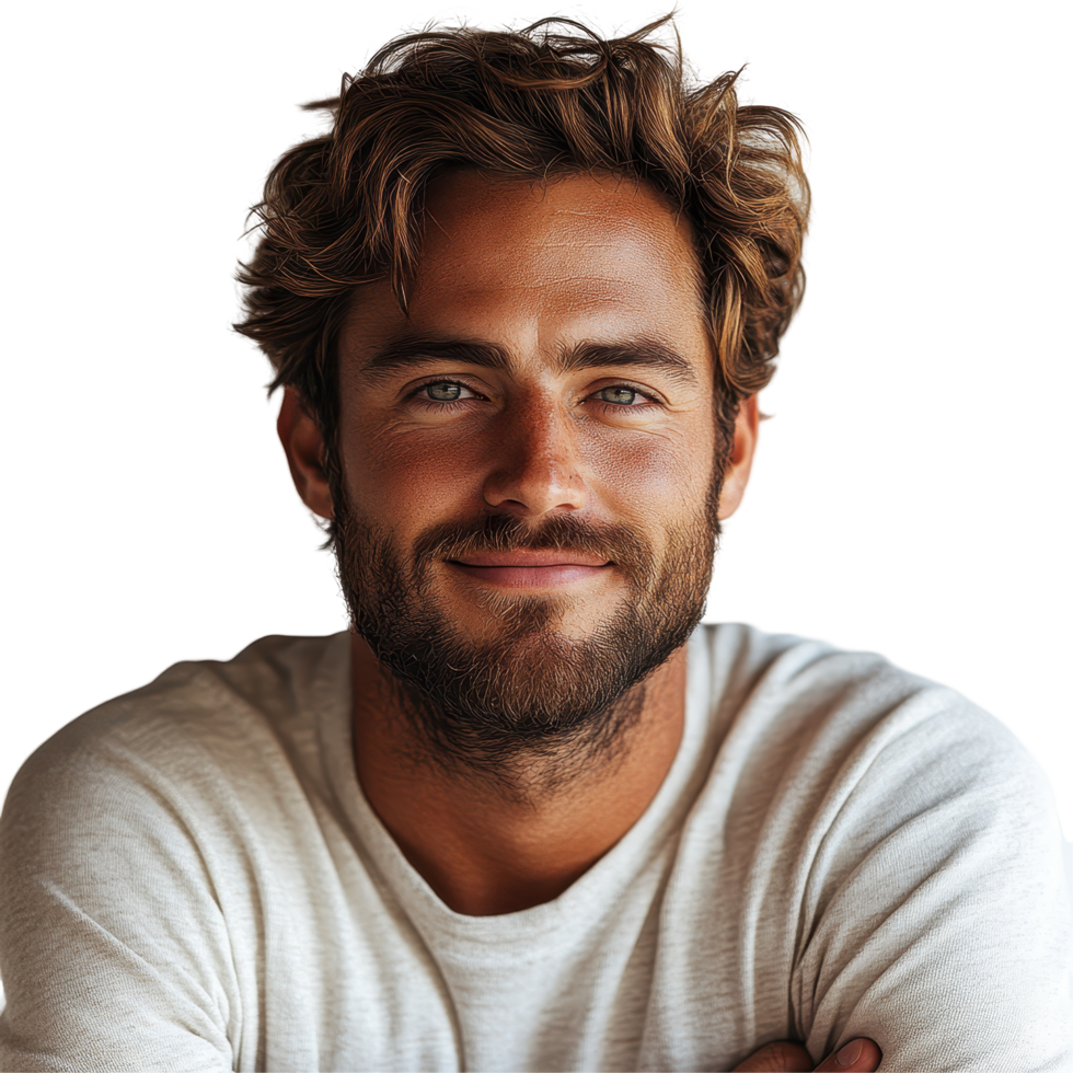 Smiling young man with curly hair enjoys a moment of relaxation in a casual setting isolated on transparent background. png
