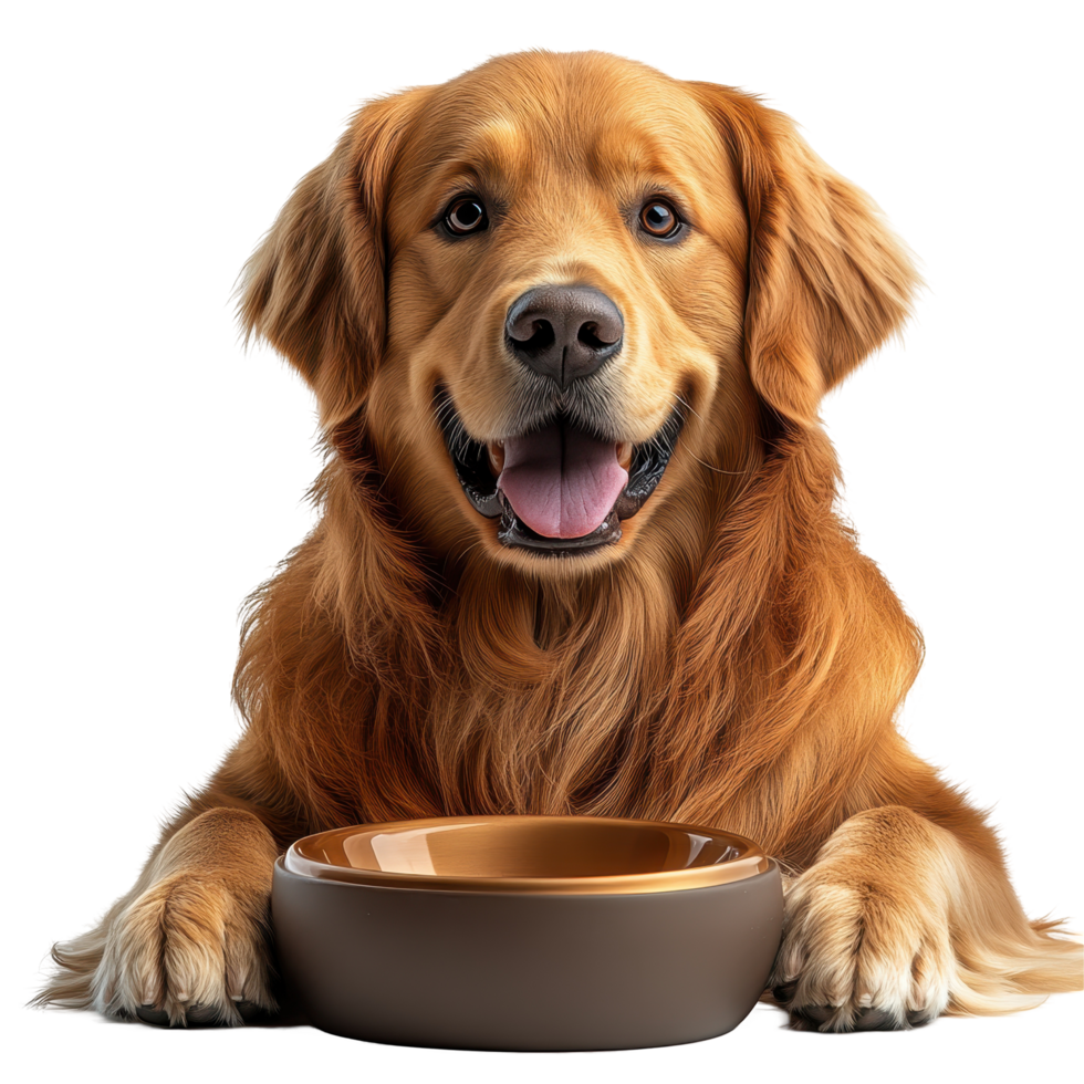Happy golden retriever with bowl at home, showcasing friendly demeanor and playful spirit isolated on transparent background. png