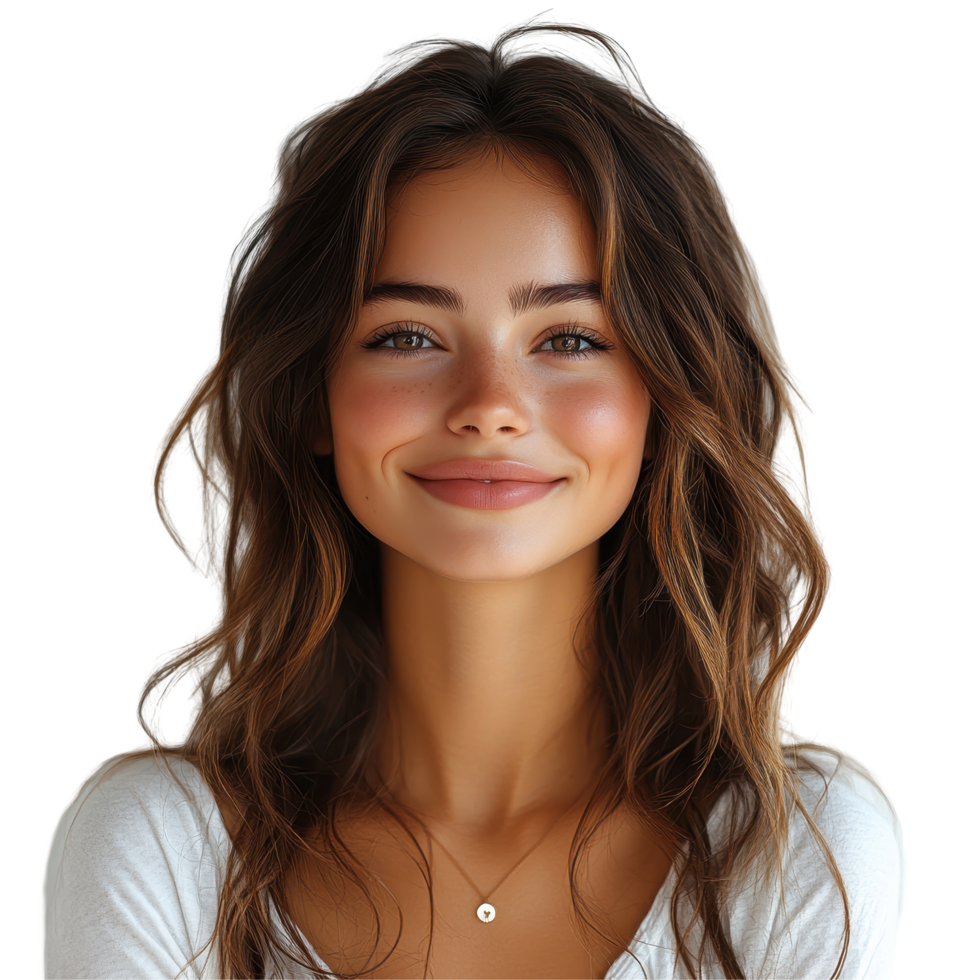 Young woman with long wavy hair smiling warmly in a light-colored top against a plain background isolated on transparent background. png