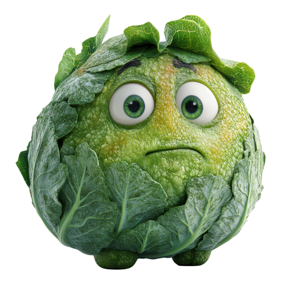 Cute cartoon vegetable character with green leaves expressing sadness and emotion in a whimsical style isolated on transparent background. png