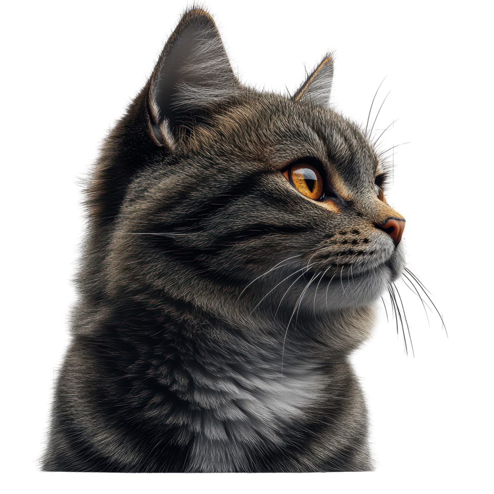 Beautiful striped cat with bright eyes gazing thoughtfully outdoors in soft natural light isolated on transparent background. png