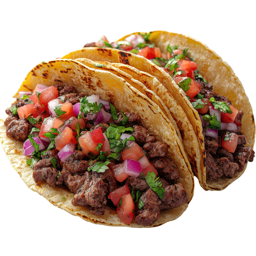 Delicious beef tacos filled with fresh toppings served on warm tortillas in a vibrant setting isolated on transparent background. png