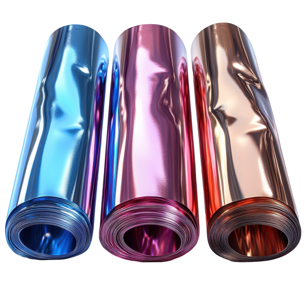 Bright metallic foil rolls in various colors for crafting and decoration activities isolated on transparent background. png