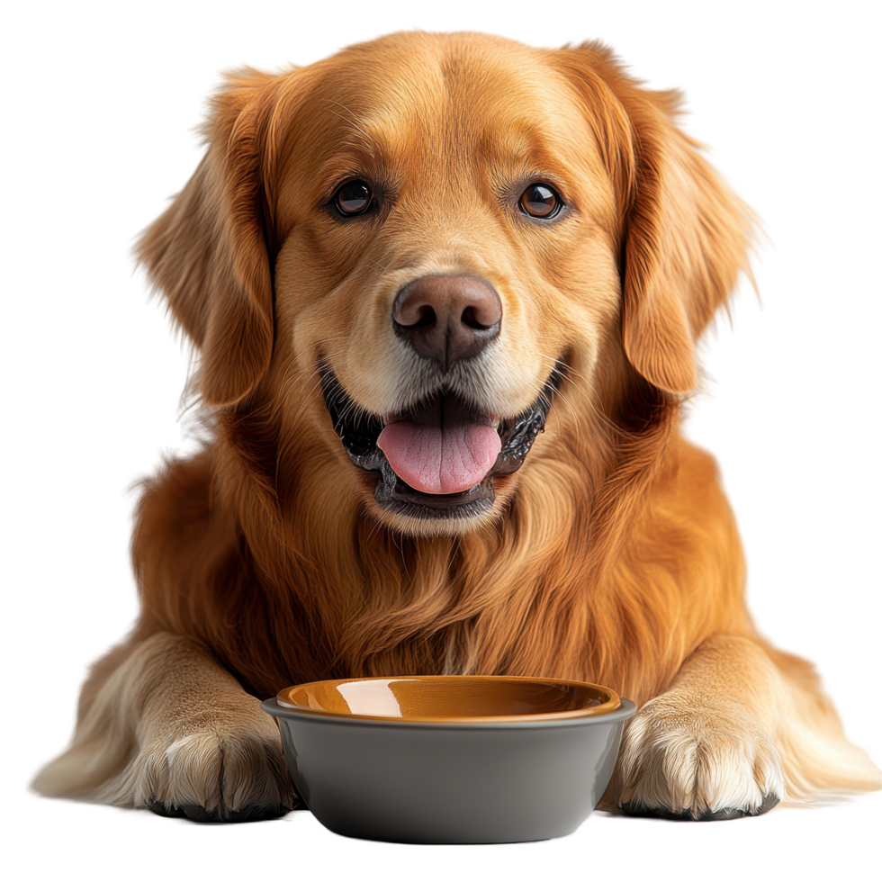 Golden retriever happily awaits meal while lying down next to bowl, showcasing friendly demeanor and fluffy coat isolated on transparent background. png